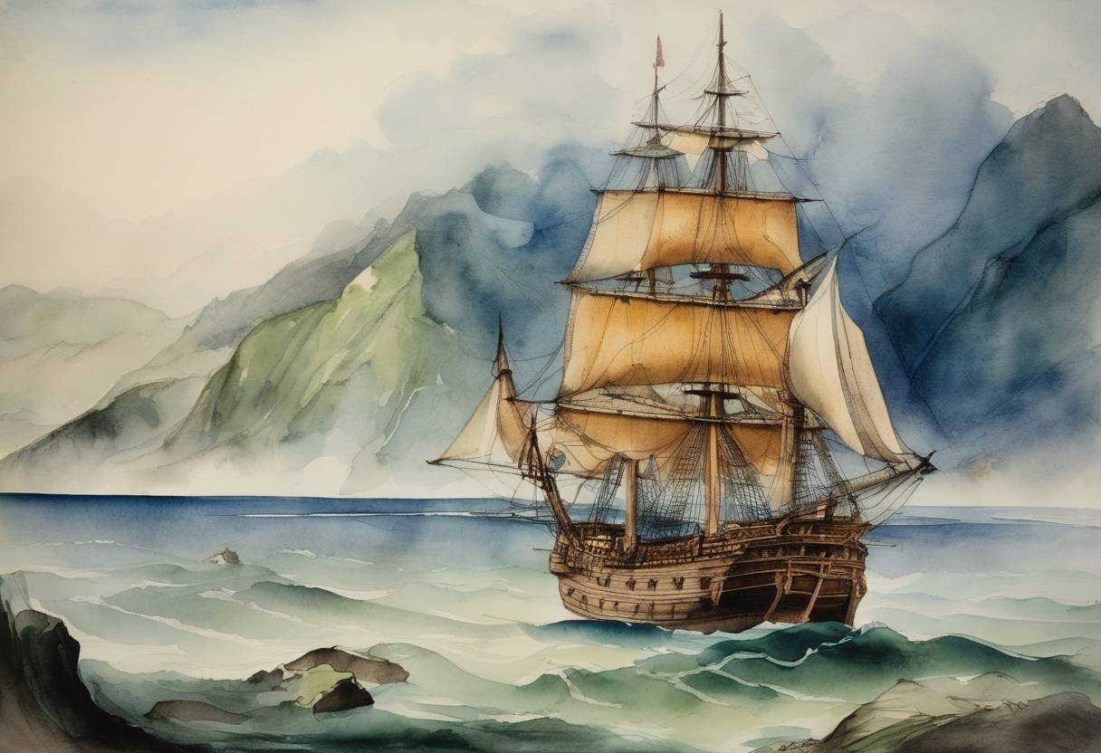 Watercolor painting based depiction of After spending several months exploring the coast of South America, Portuguese navigator Ferdinand Magellan reached the Pacific Ocean. (1520)