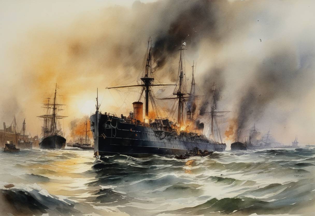 Watercolor painting based depiction of World War I: German warships bombarded the English ports of Hartlepool and Scarborough. (1914)