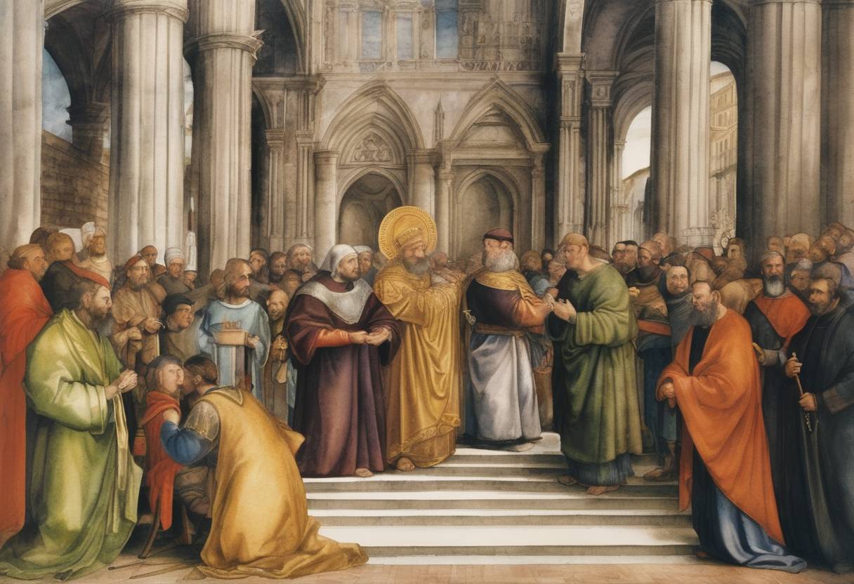 Watercolor painting based depiction of The Council of Florence ended after nearly 9 years. This council was significant for its efforts to unite the Eastern Orthodox and Roman Catholic Churches after the Great Schism of 1054, although the reunification was never fully achieved. (1550)