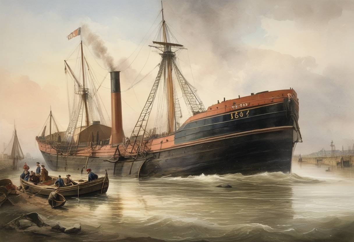 Watercolor painting based depiction of The cargo ship SS Royal Charter was launched in River Dee near Chester, England. It would later become infamous after being wrecked in 1859 in one of the most tragic shipwrecks, costing over 450 lives. (1872)