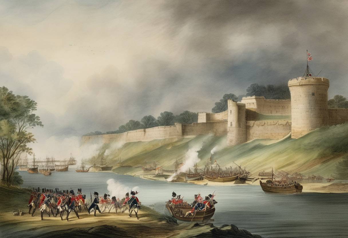 Watercolor painting based depiction of British forces capture Fort Niagara during the French and Indian War, securing a critical position for control over North America. (1759)