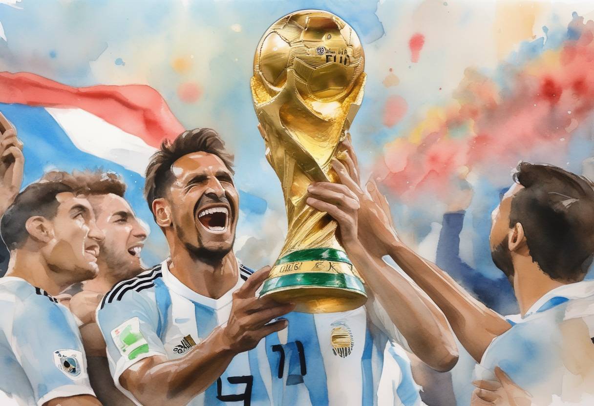 Watercolor painting based depiction of Argentina wins the FIFA World Cup for the third time, defeating France in the final held at Lusail Stadium in Lusail, Qatar. (2022)