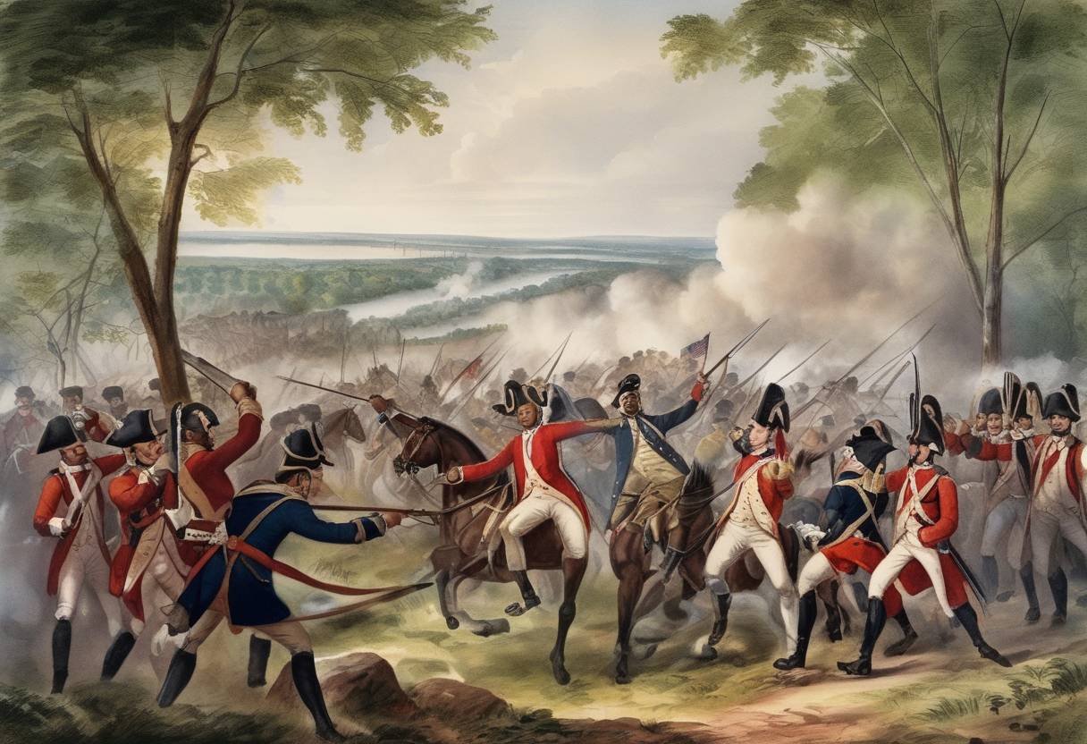 Watercolor painting based depiction of The Battle of Harlem Heights took place during the American Revolutionary War. American forces led by General George Washington successfully repelled British troops in what became a morale-boosting victory for the Continental Army. (1776)