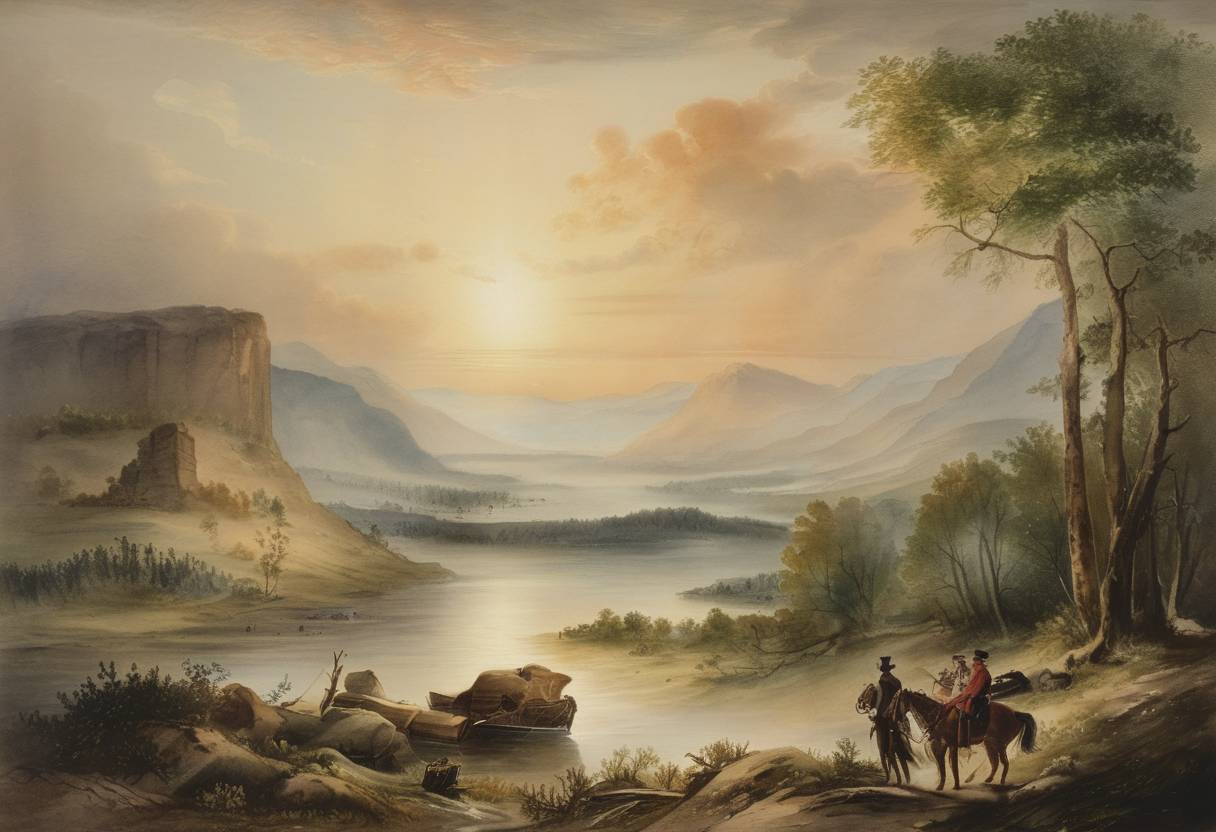 Watercolor painting based depiction of Manifest Destiny reaches a pivotal moment as John L. O'Sullivan's influential article on American expansionism is published. (1845)