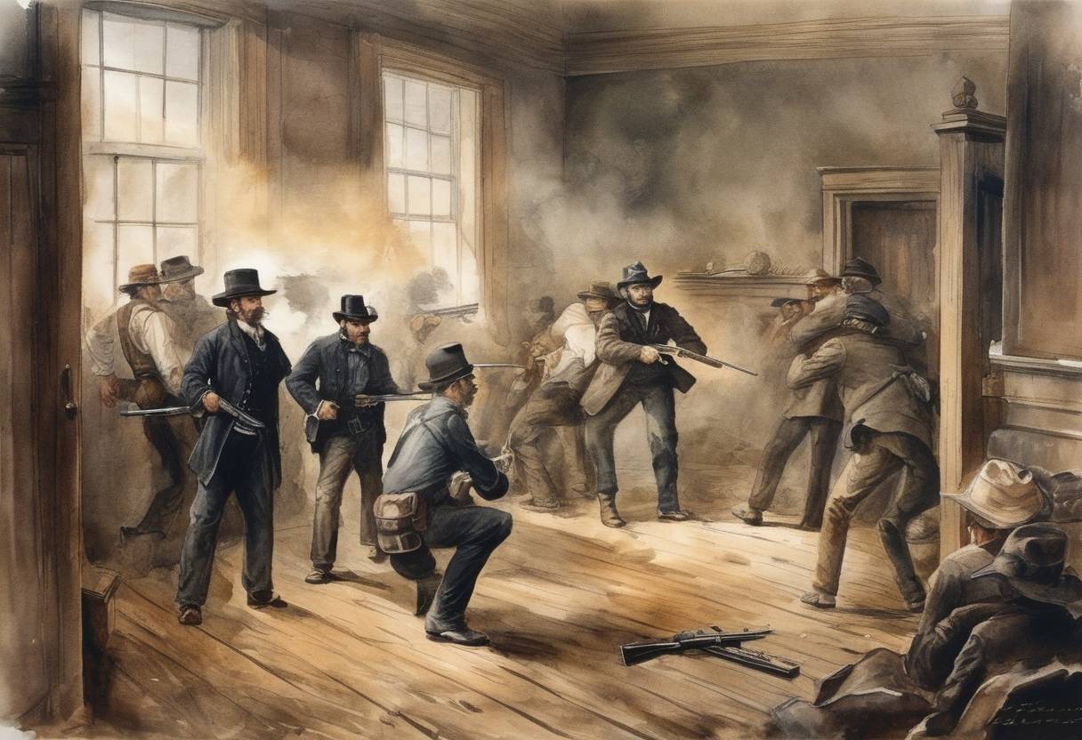 Watercolor painting based depiction of Infamous outlaw Jesse James and his gang attempt to rob the First National Bank of Northfield, Minnesota, but are stopped by armed citizens, resulting in the Northfield Raid. (1876)