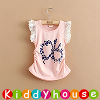  【1折】❗❗女童服裝~優質純棉蕾絲蝴蝶袖嫩粉紅印花短袖T恤 KB342 現貨  