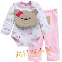  (售完)粉紅邊蝴蝶結小熊造型嬰兒長袖夾衣三件套--口水肩+夾衣+褲子 158 