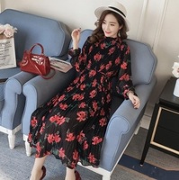 2019孕婦春裝 online shop香港 大肚衫 孕婦上班返工服 寛鬆雪紡碎花百褶孕婦連衣裙