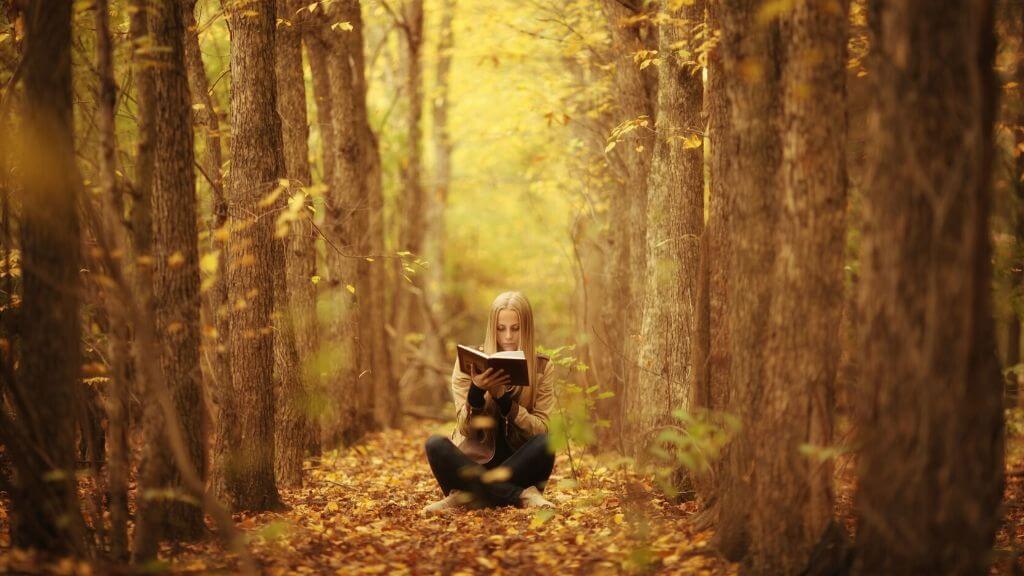 A woman reading a book in the forest