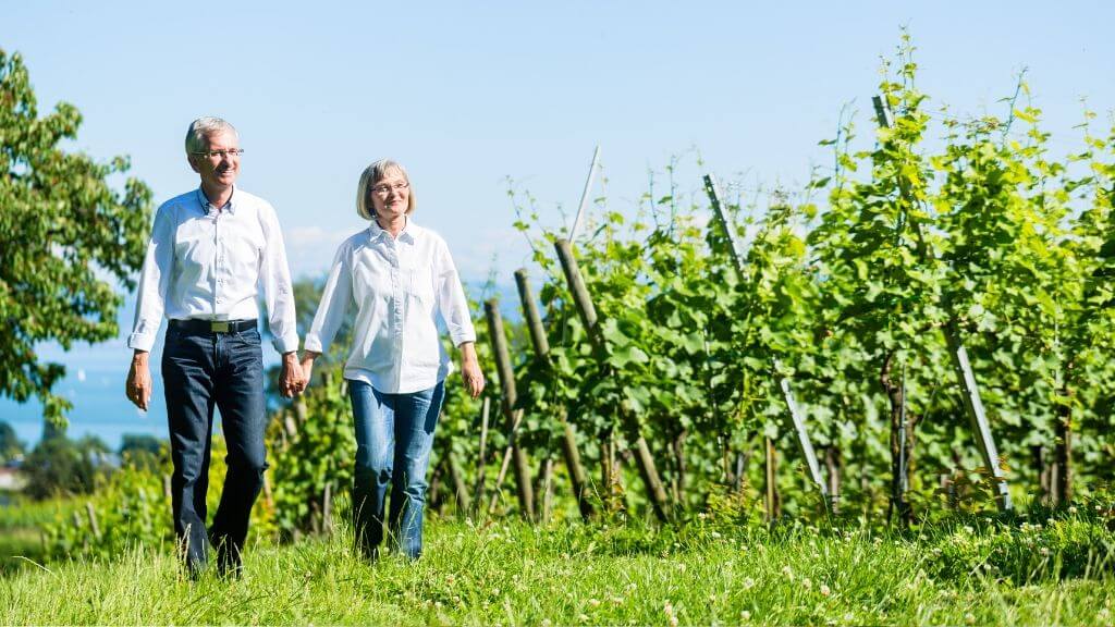 Elderly couple hiking in winery