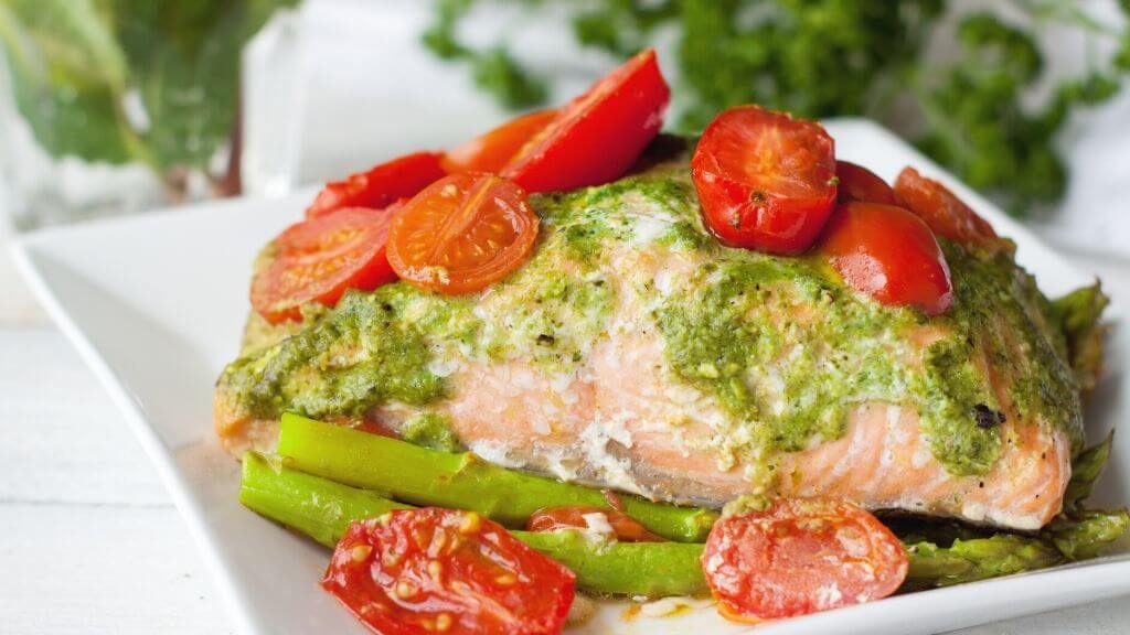 Salmon, asparagus, and tomatoes