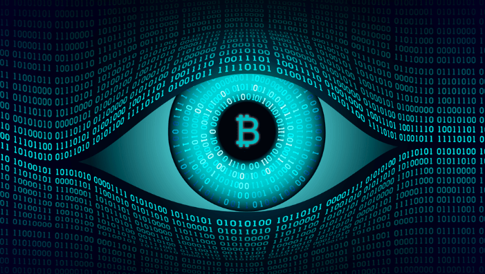 Bitcoin symbol in the middle of an open eye in a “binary number stream” Matrix-style pattern