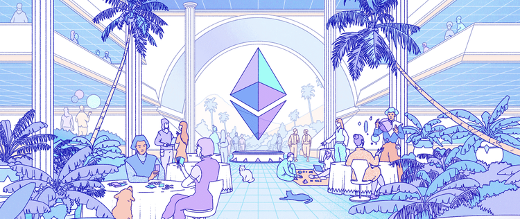 Ethereum symbol in the middle of a dining area while people discuss