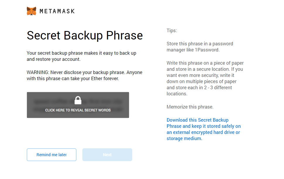 "Secret Backup Phrase" screenshot from MetaMask app