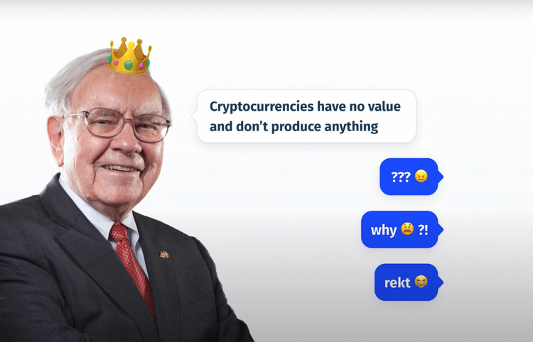 “pre-DeFi era”: “Warren Buffett” the “King of Fundamentals” with maybe a crown, saying “Cryptocurrencies have no value and don’t produce anything” and “??? 😖”, “why 😫 ?!”, “rekt 😭” reactions next to it