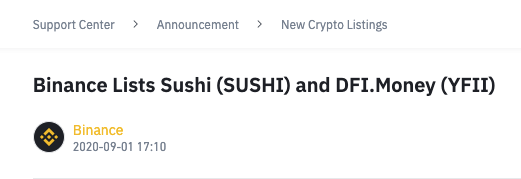 Announcement from Binance listing SushiSwap