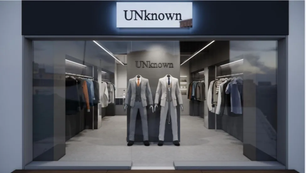 증평 남성의류 'Unknown' 매장 인테리어 — 3D 모델링