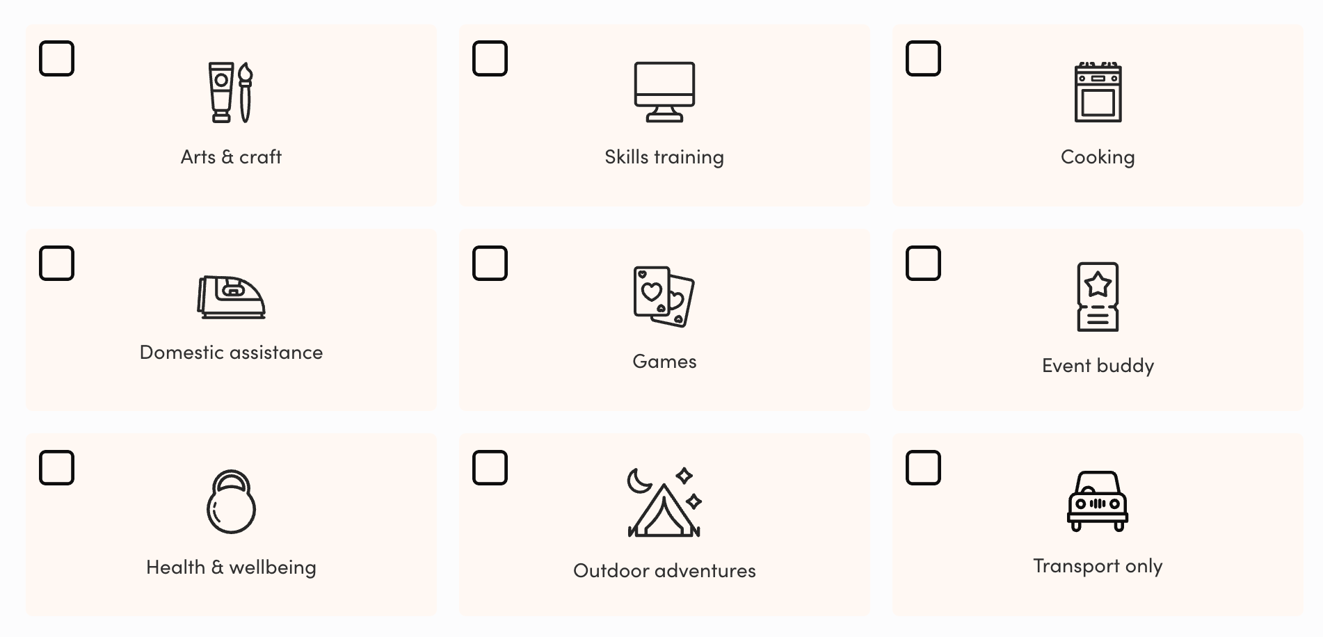 9 activity categories with tick boxes