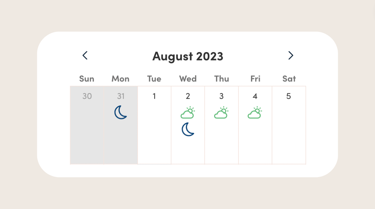 A calendar showing a Social Carer's availability during the first week of August