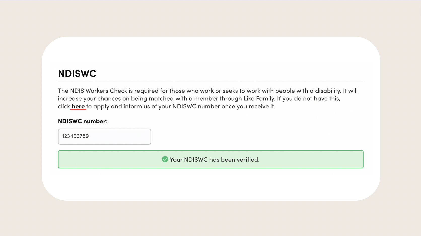 Field to upload an NDIS Worker Screening Check, with a green verification message