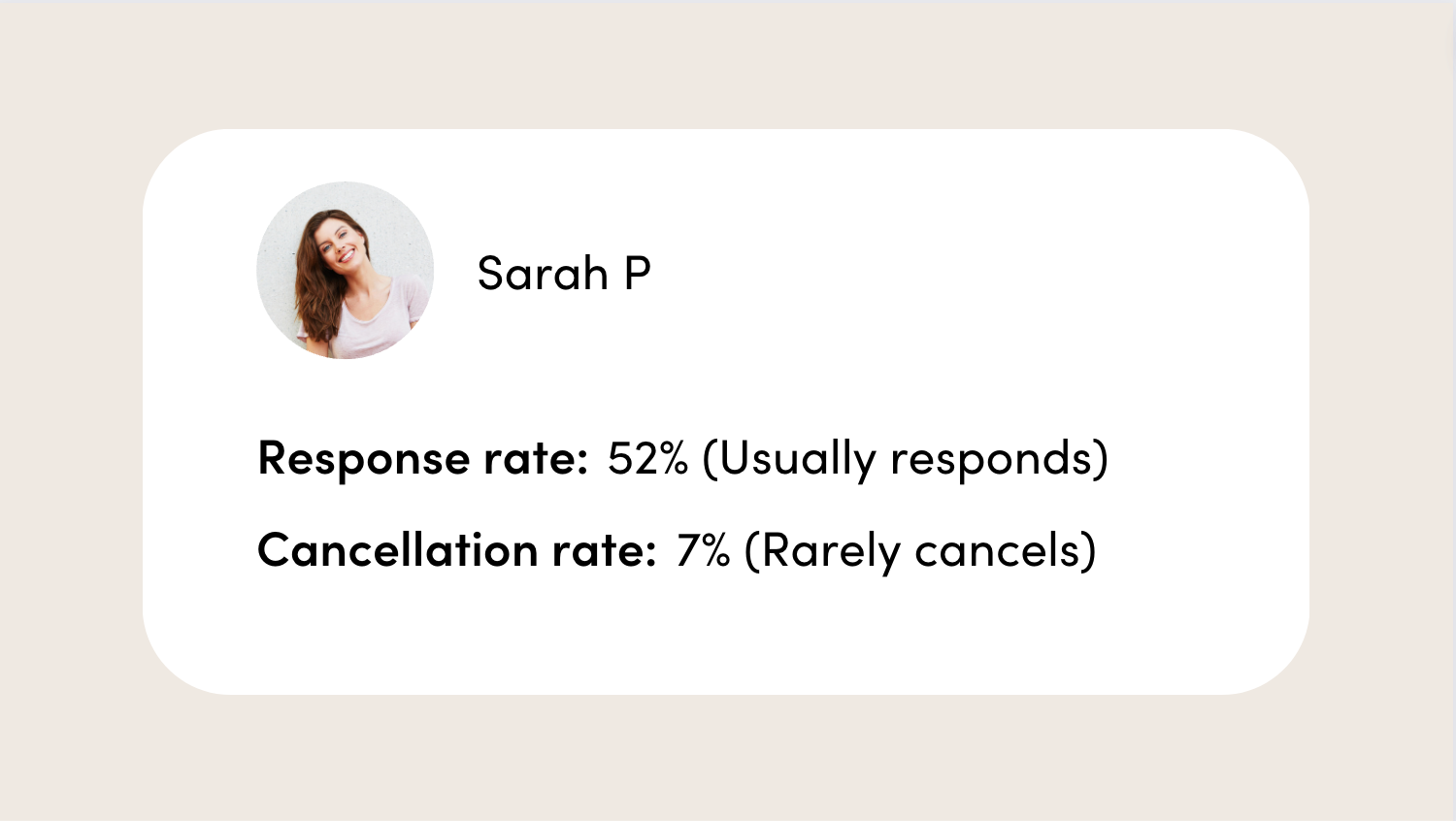 Social Carer Sarah's profile showing her response and cancellation rate