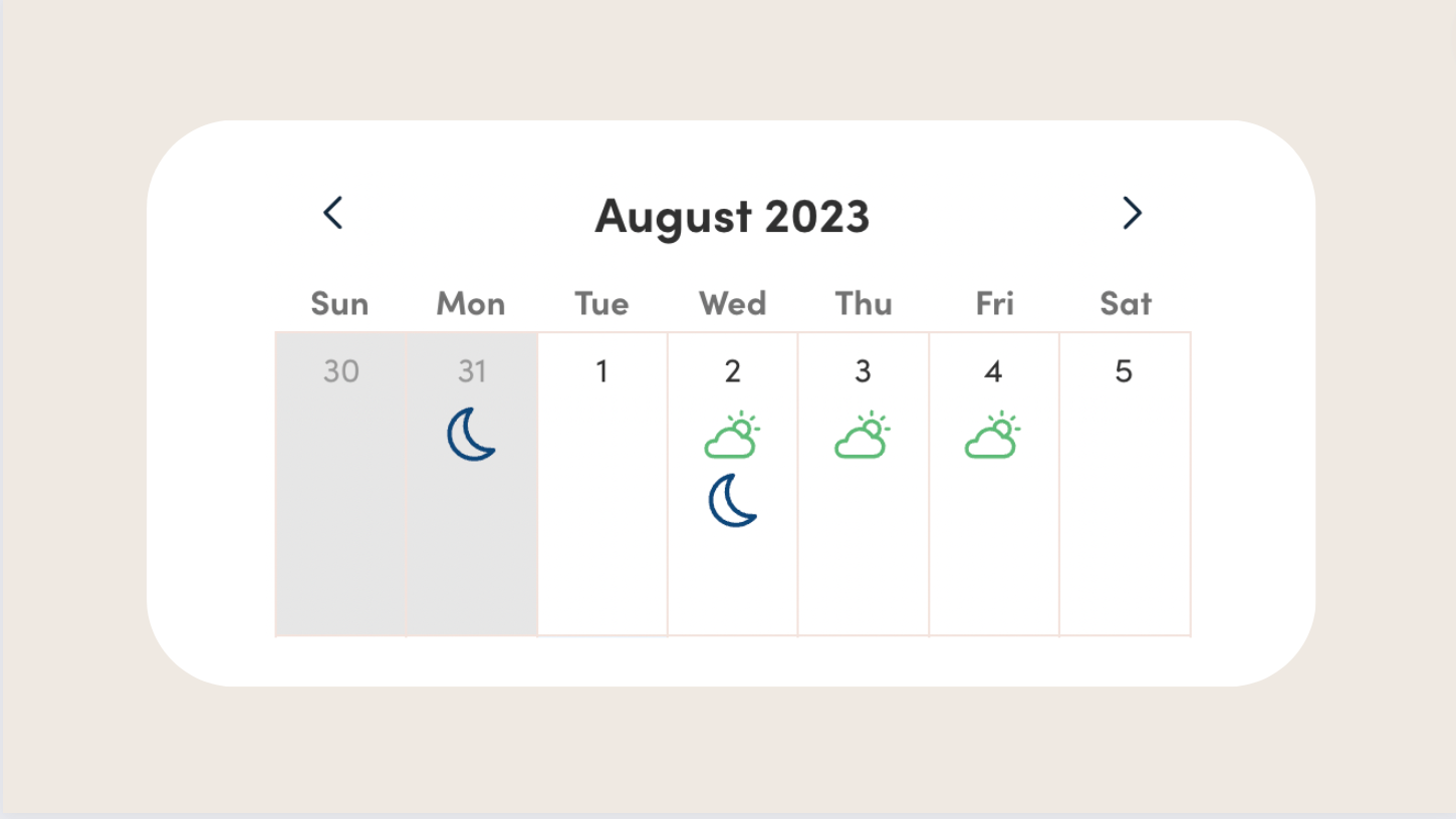 A calendar showing a Carer's availability during the first week of August