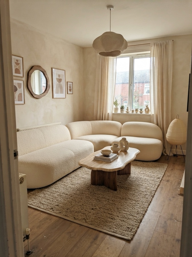 The same living room redesigned in a warm modern style