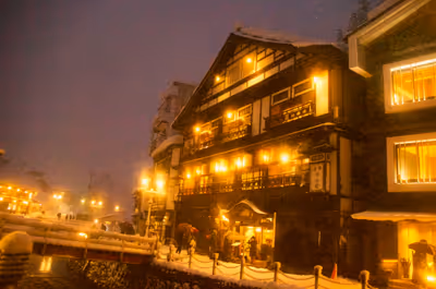 2019年1月5日に山形県で撮った「冬、古民家、建物、街灯、銀山温泉、雪」の写真