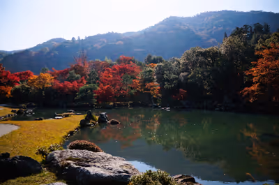 2014年11月22日に京都府で撮った「反射、山、庭園、植物、池、秋、空、紅葉」の写真