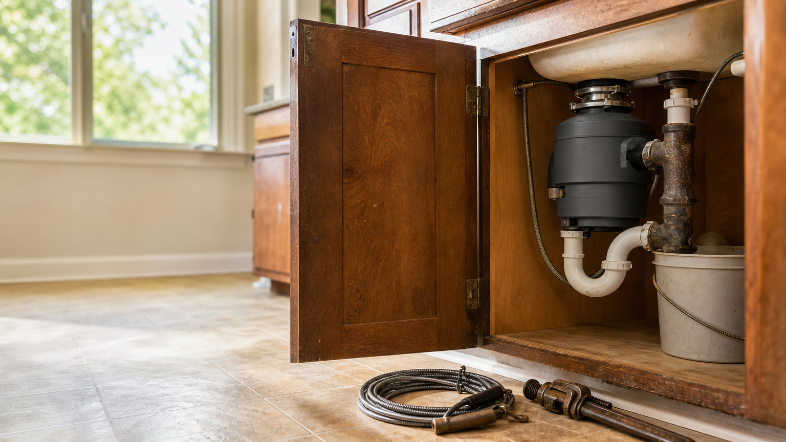 An older kitchen's under-sink drain plumbing with a cast iron pipe, plastic trap and a coiled drain cable and bucket on the floor beside it.