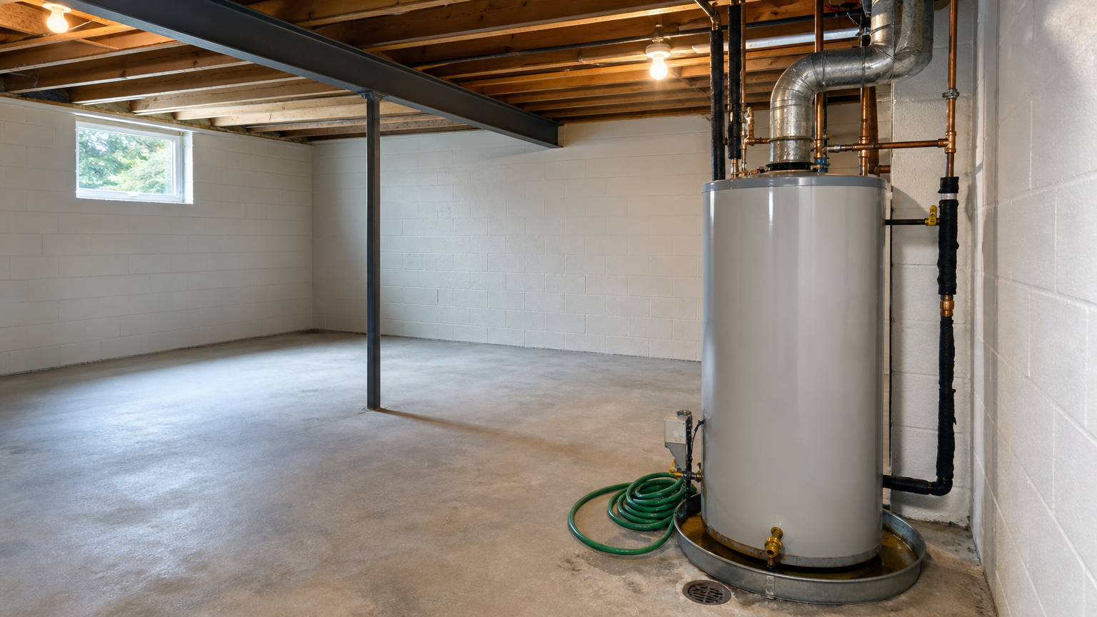 A 50-gallon gas water heater standing in a drain pan on a wet concrete basement floor, with copper pipes and a flue above it.