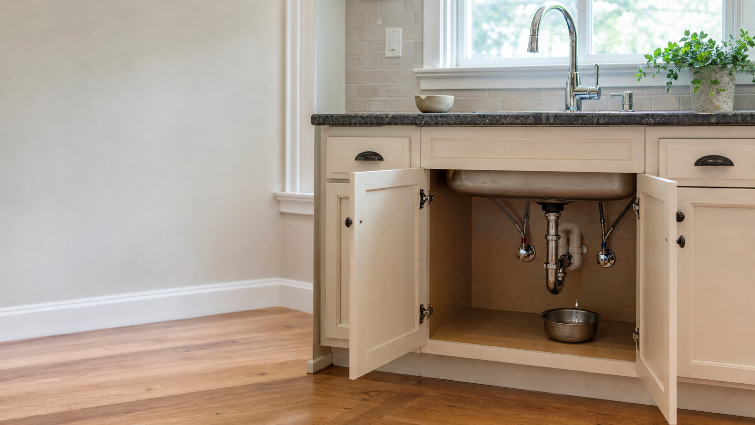 An older kitchen sink cabinet is open, showing faucet supply lines and shutoff valves beneath the sink.