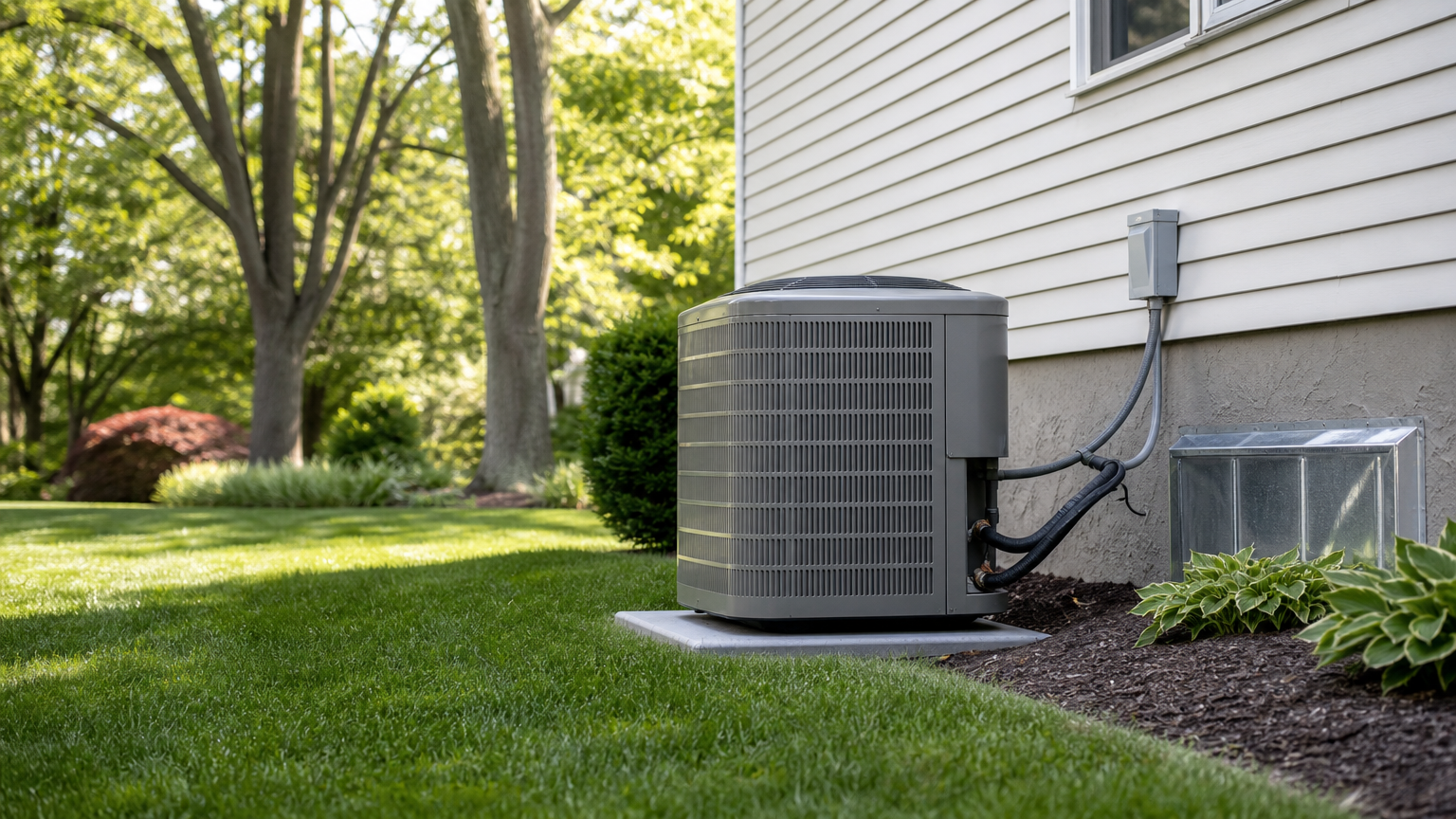 Central air conditioning condenser on a side-yard pad next to a Plymouth Meeting style suburban home.