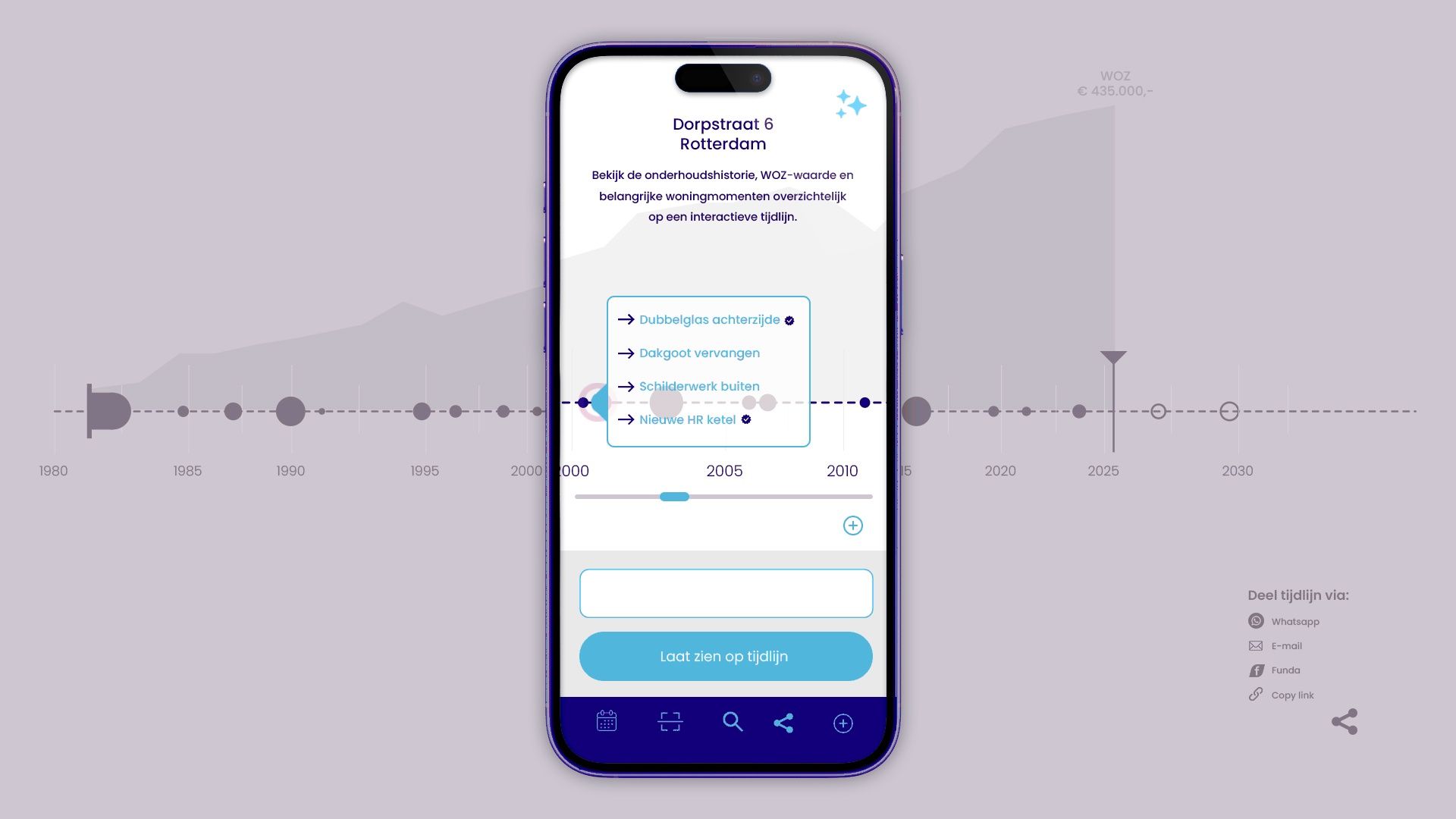 Interactieve tijdlijn met de historie en belangrijke momenten van een woning