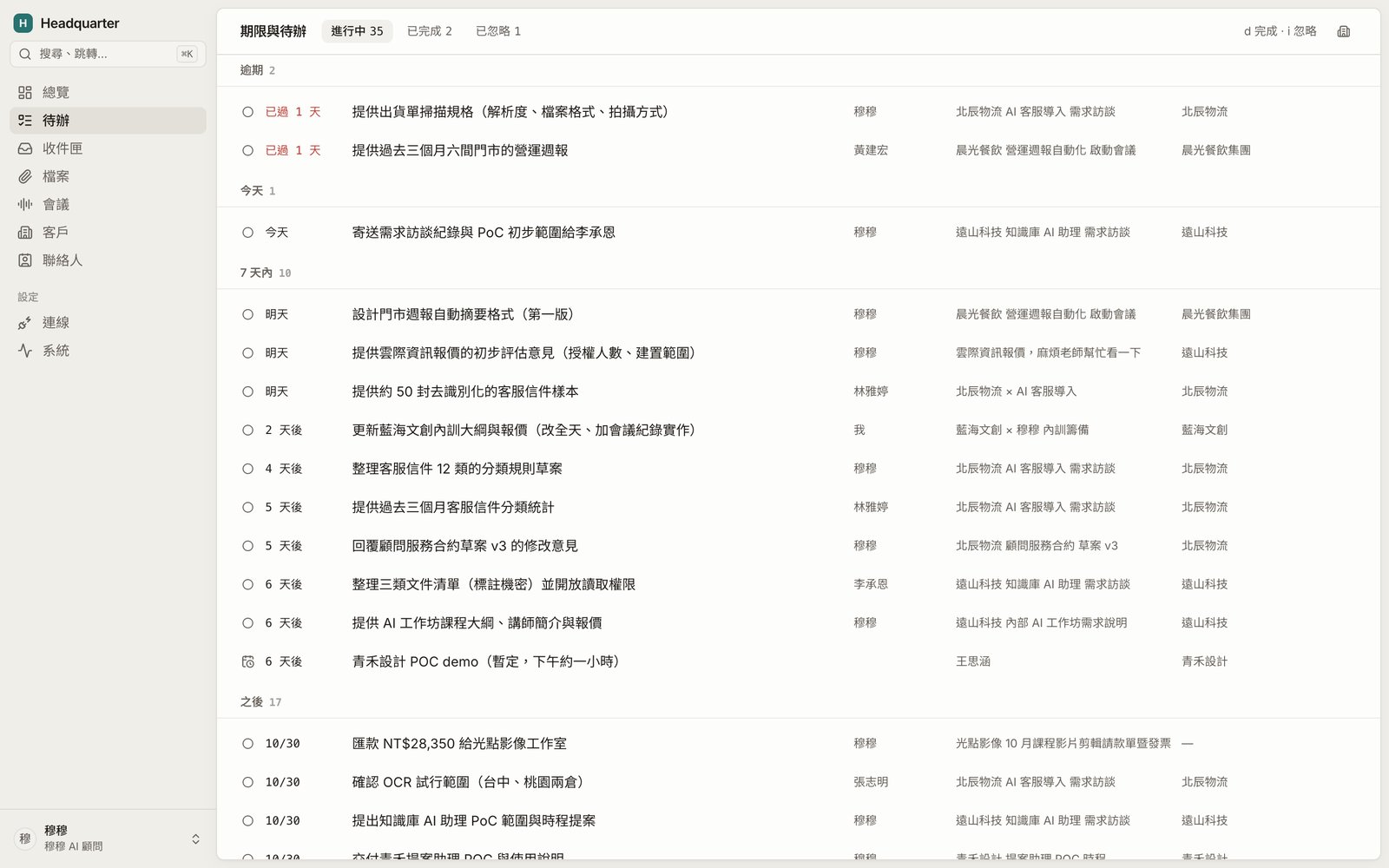 期限與待辦頁:從信件、文件、會議和 LINE 抽出來的待辦,依逾期、今天、7 天內排好,標出負責人和來源(假資料)