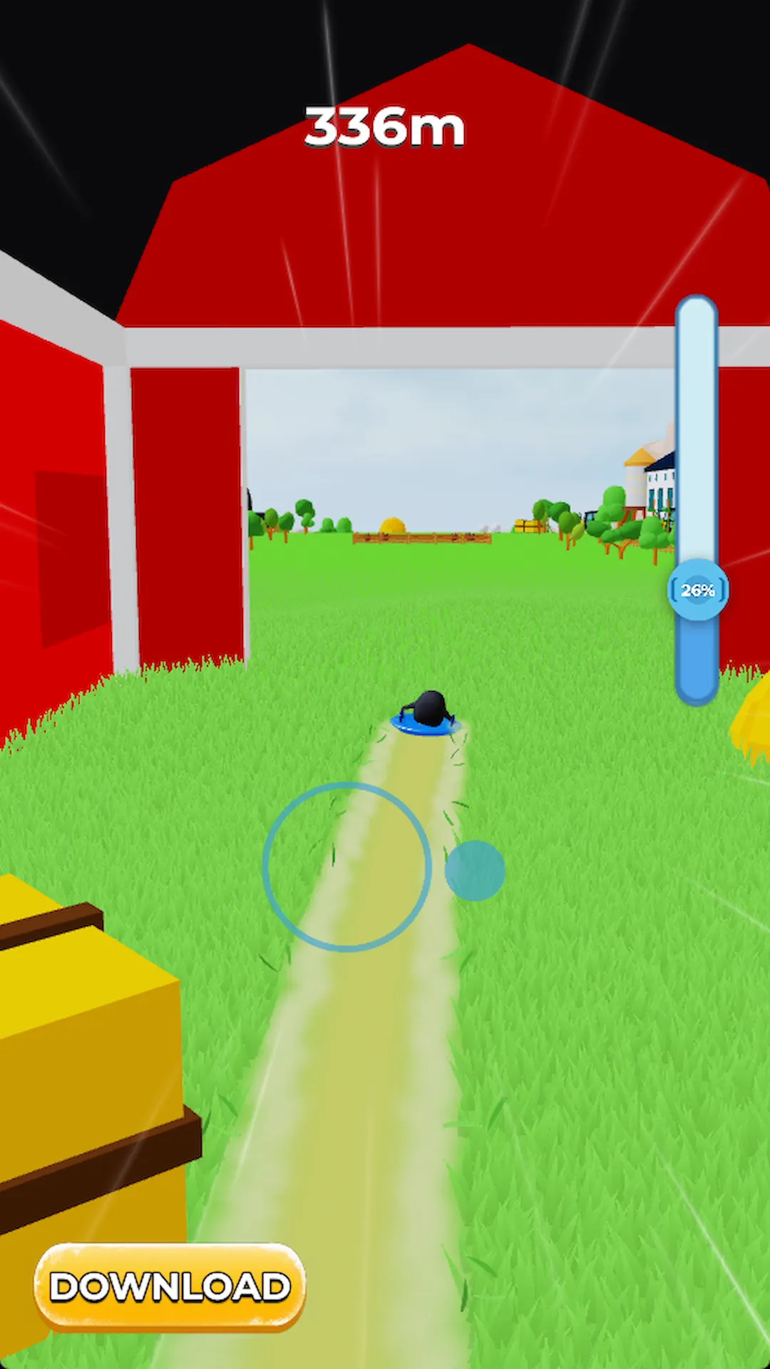 Sled racing through the Farm map past a red barn