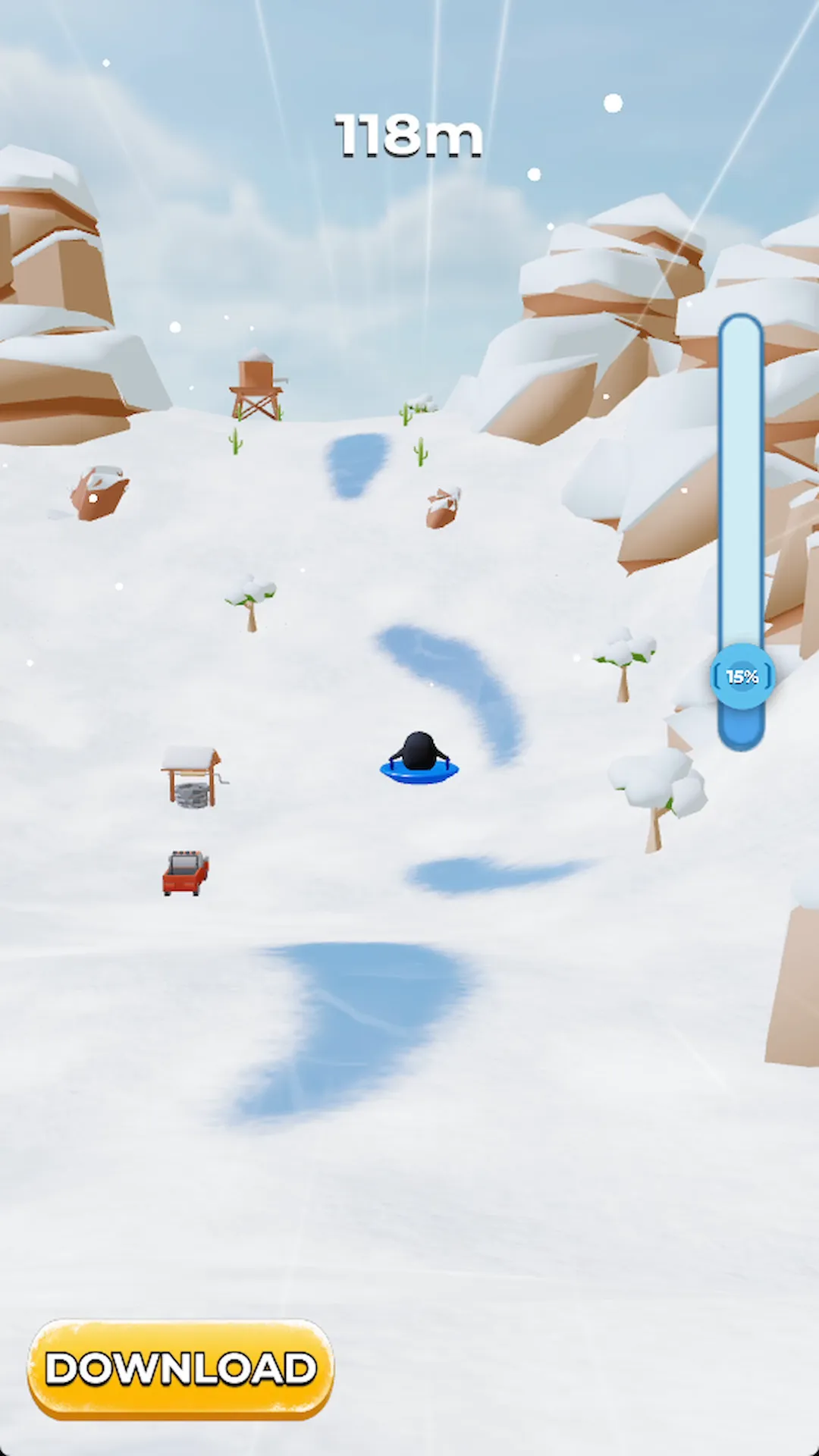 Sled on the Mountain map with snowy peaks behind
