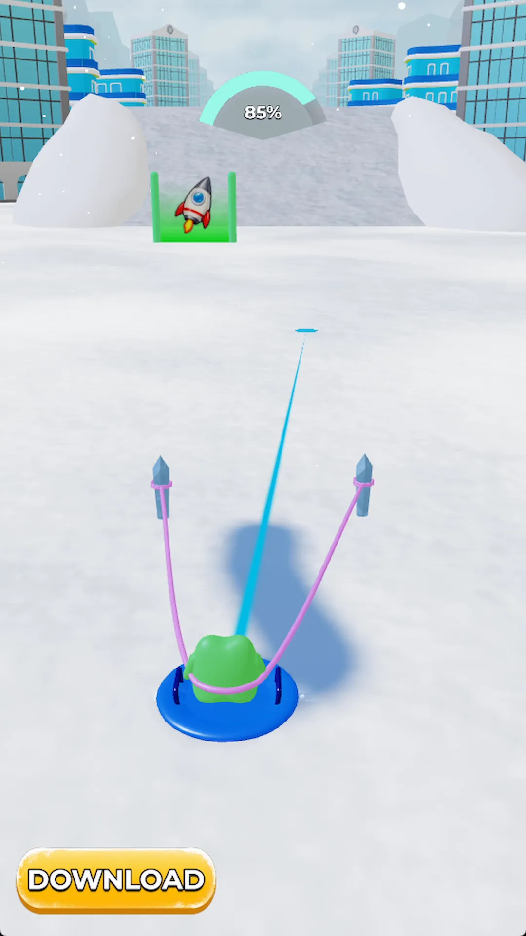 Sled on a snow ramp between buildings