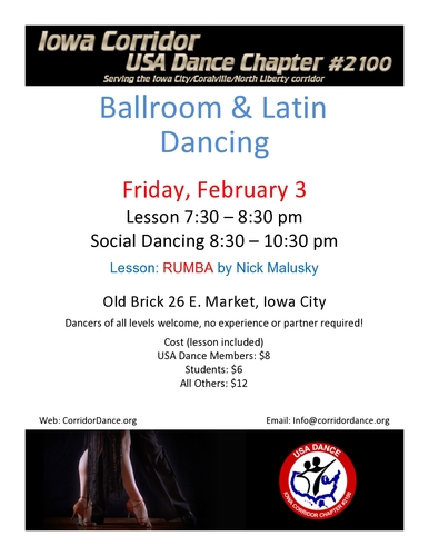 Ballroom and Latin Dancing at Old Brick, Friday, February 3, 7:30 pm