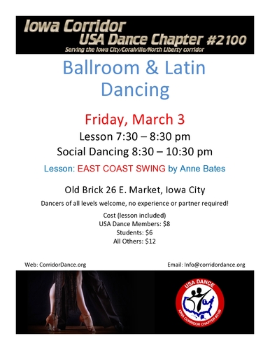 Ballroom and Latin Dancing at Old Brick, Friday, March 3, 7:30 pm