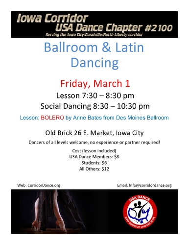 Ballroom and Latin Dancing at Old Brick, Friday, March 1, 7:30 pm