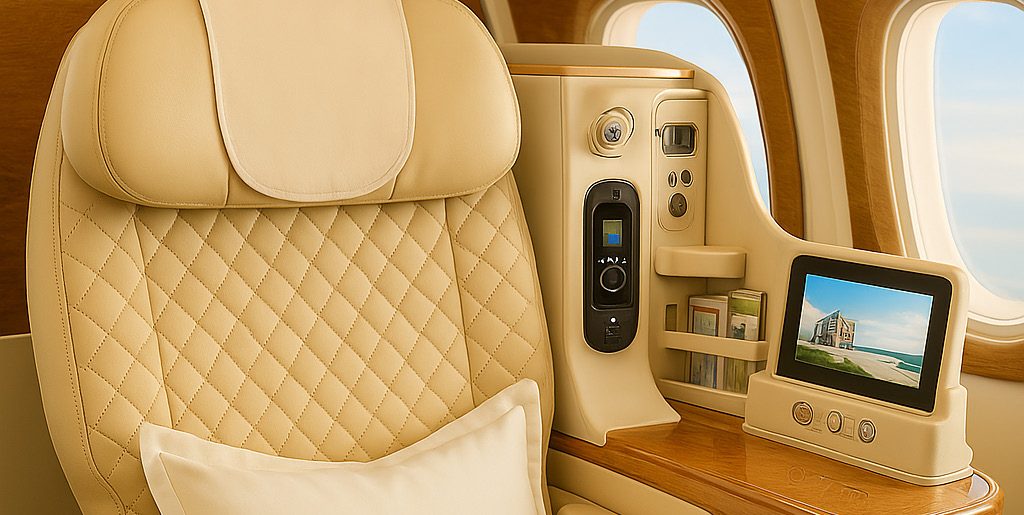 Premium economy cabin with seat-back screen