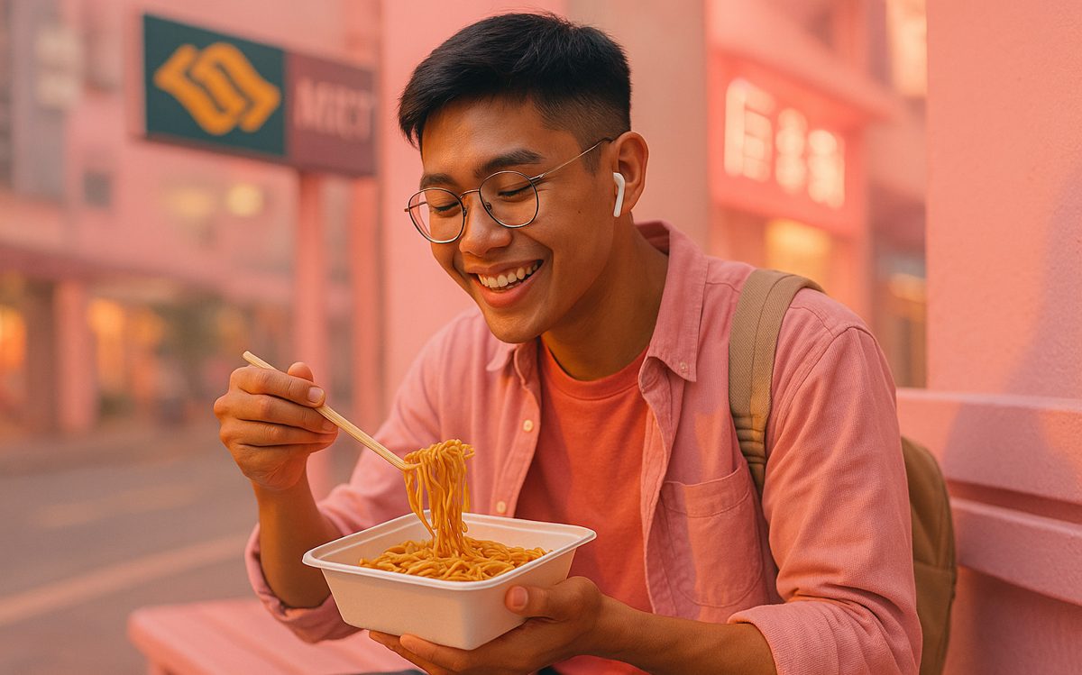 A man eating takeaway noodles on a Singapore street