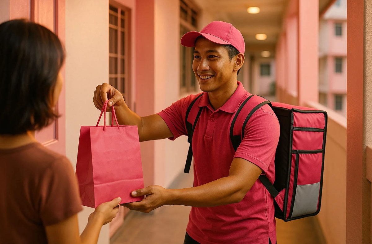 A delivery rider handing over an order