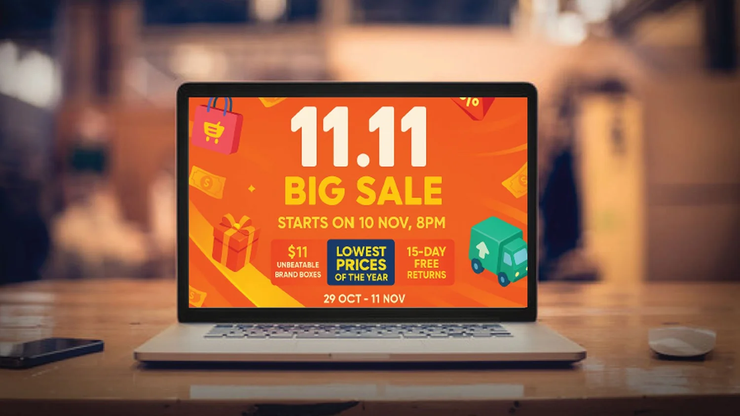 A laptop showing an 11.11 big sale promotion