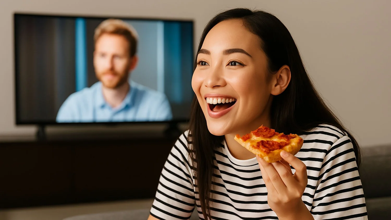 A woman laughing while eating pizza in front of the TV
