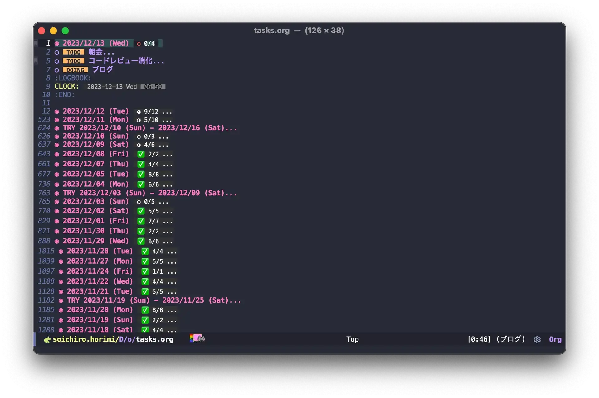 org-mode でのタスク管理の様子