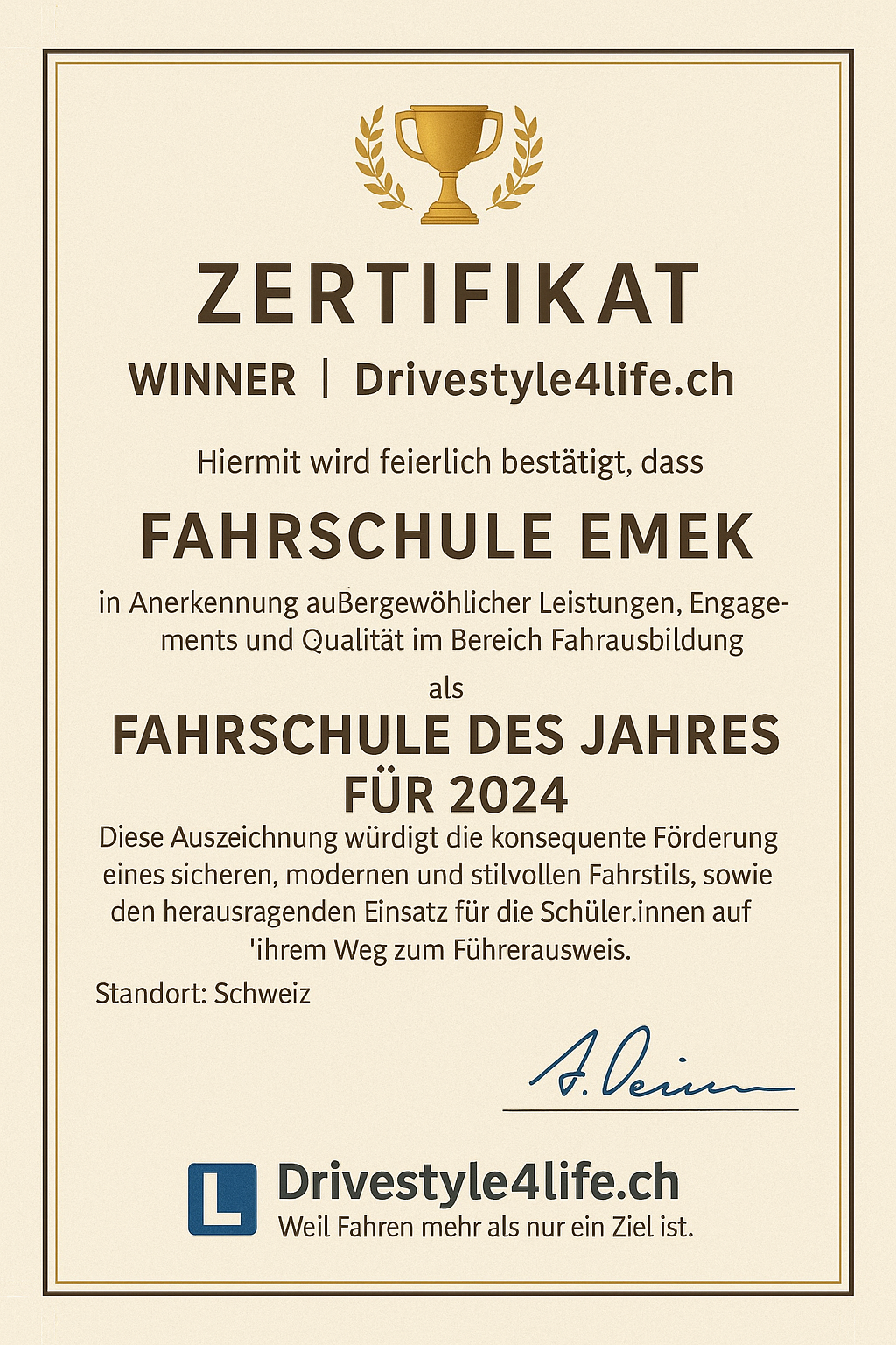 Zertifikat 'Ausgezeichnete Fahrschule des Jahres 2024' für Drivestyle4Life.ch