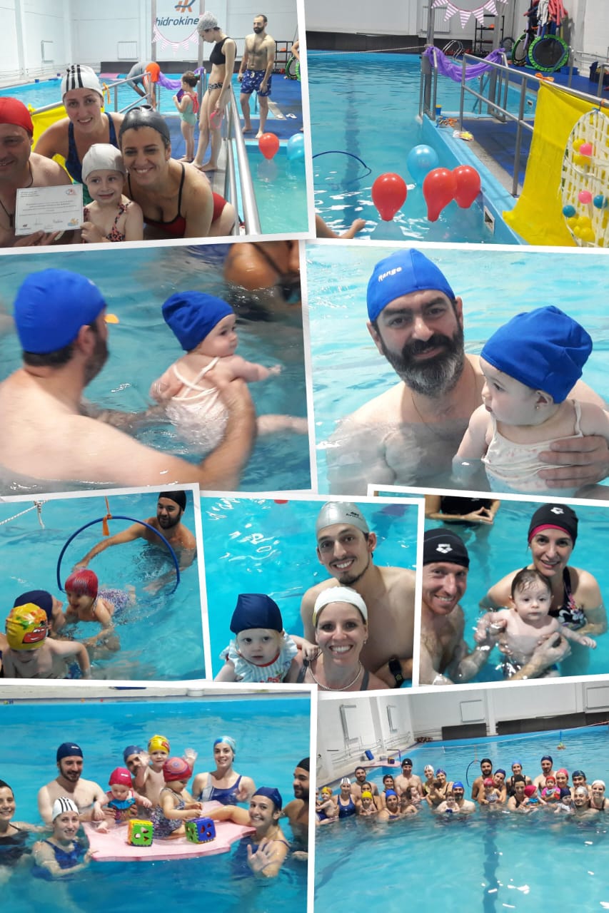 Collage de fotos de bebés y padres en clases de natación