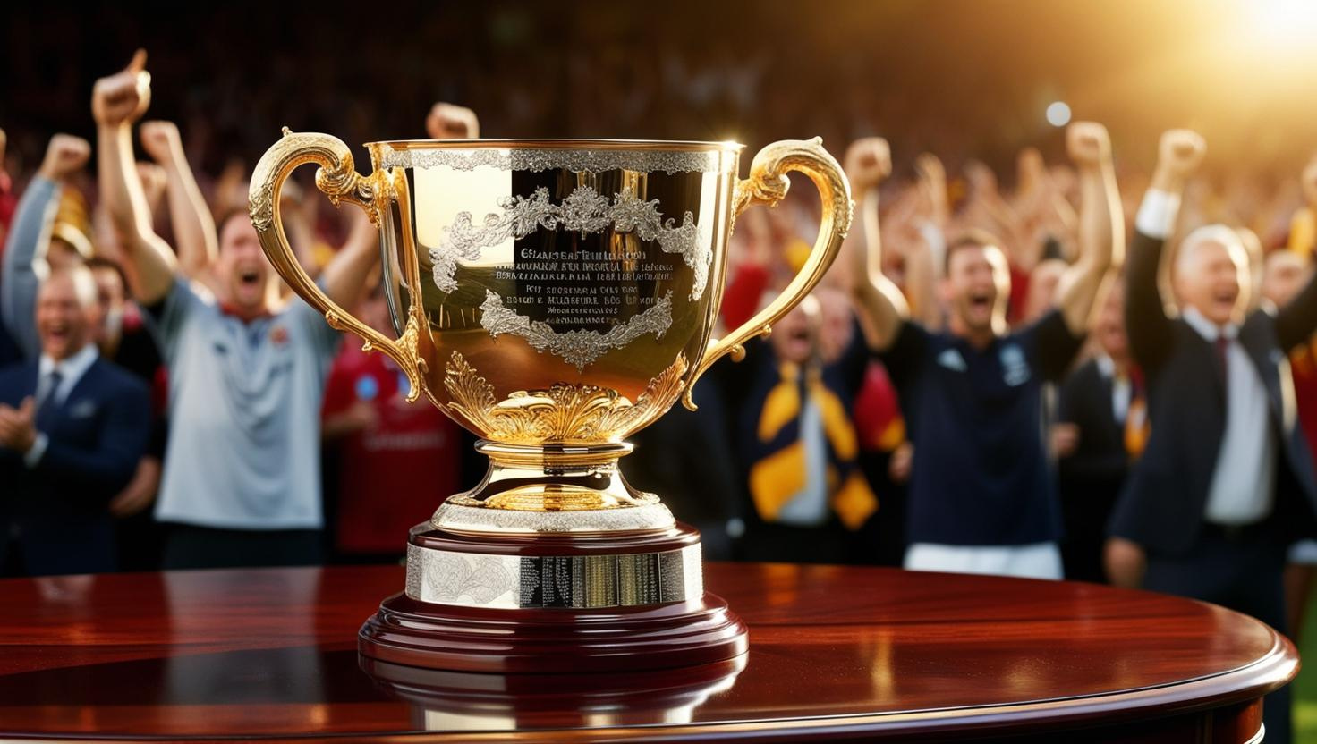 Grand Final trophy on display with celebrating crowd in background